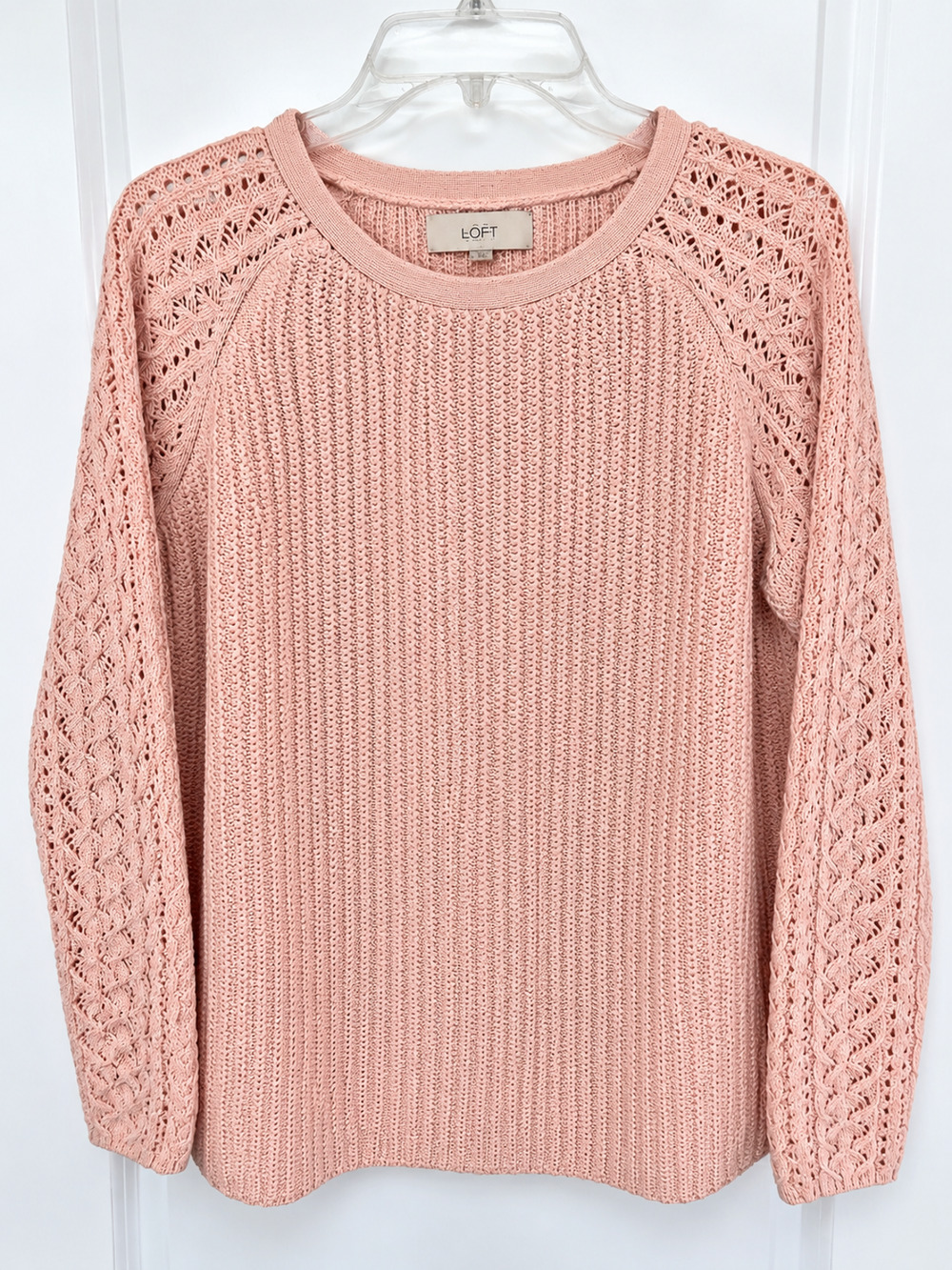 Ann Taylor LOFT Pullover Sweater Womens Large Pink Cotton Wool Blend Open Knit